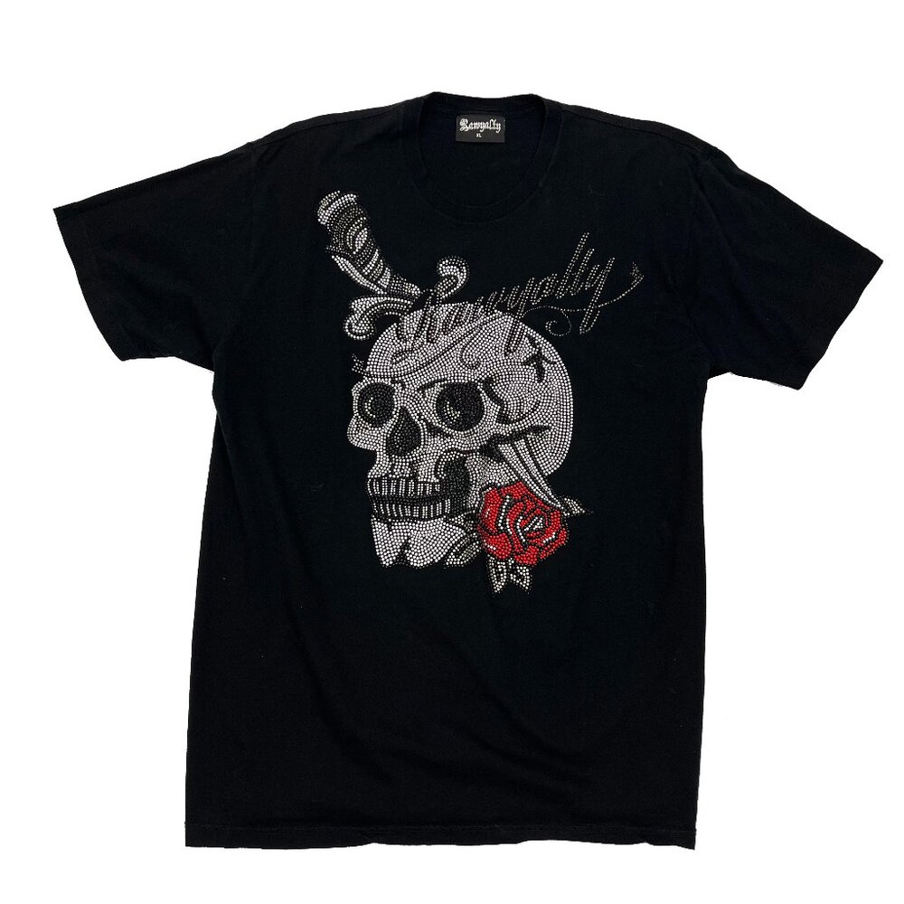 Rawyalty Rhinestone Stud Bling Mens T-Shirt XL X-Large Skull Rose Knife